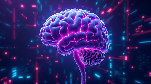 AI brain network glowing with neon purple and cyan lights, abstract cyberpunk tech background, ultra photorealistic