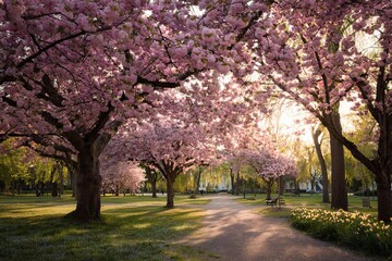 Naklejka premium Beautiful park with blooming cherry blossom trees in spring
