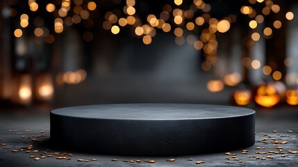 Minimal matte black podium bottom center with blurred pumpkin lights glowing in soft spooky background, surreal dark mood and empty space for text overlay or Halloween promotion.