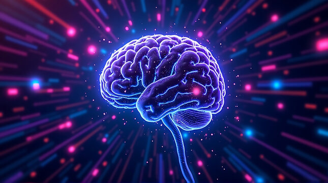 AI brain network glowing with neon purple and cyan lights, abstract cyberpunk tech background, ultra photorealistic