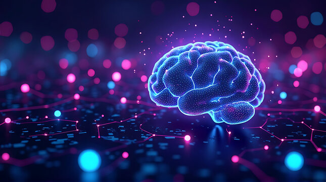 AI brain network glowing with neon purple and cyan lights, abstract cyberpunk tech background, ultra photorealistic