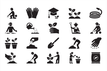 Gardening tool icons pack featuring shovel, rake, watering can, and soil cultivation symbols