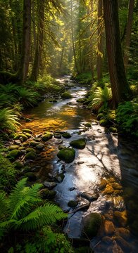 Tranquil Forest Stream Sunlight.