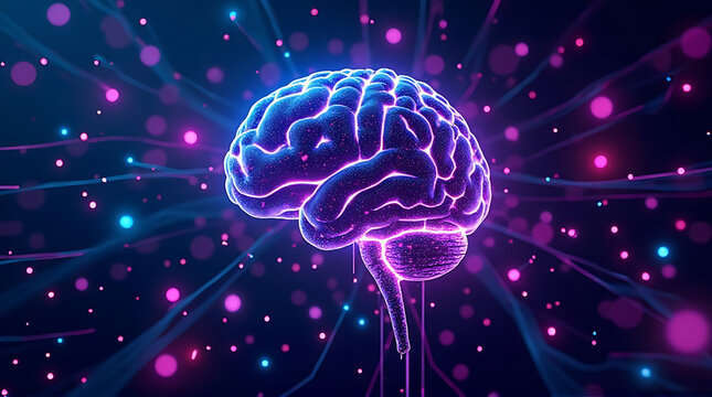 AI brain network glowing with neon purple and cyan lights, abstract cyberpunk tech background, ultra photorealistic