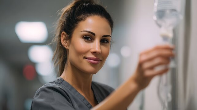 A smiling nurse adjusts an IV drip in a hospital corridor