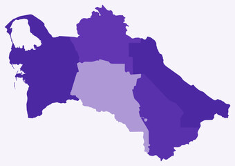 Map of Turkmenistan with regions. Just a simple country border map with region division. Deep purple color palette. Plain Turkmenistan shape with administrative division. Vector illustration.