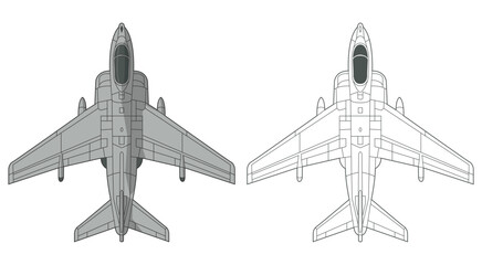 Set harrier jet military aircraft design in line art and colored style from top view. Vector illustrations colorful fighter jet from europe. Outline drawing united kingdom powerful combat aircraft.