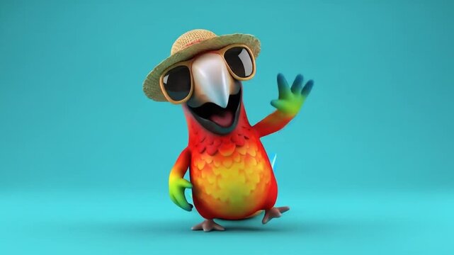 Animated tropical parrot with sunglasses waving and posing in vibrant colors against an aqua