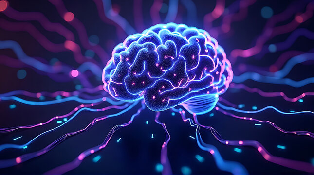 AI brain network glowing with neon purple and cyan lights, abstract cyberpunk tech background, ultra photorealistic