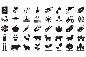 Agriculture vector pack featuring livestock, tractor, irrigation, and food production symbols