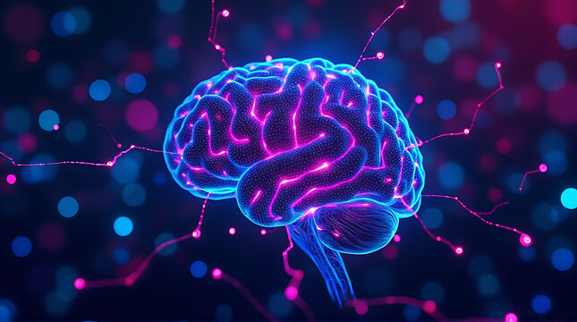 AI brain network glowing with neon purple and cyan lights, abstract cyberpunk tech background, ultra photorealistic