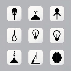 Minimalist vector icon collection representing abstract concepts of innovation, thought, mental health, and the creative process