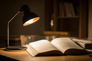 Open book under desk lamp with cozy evening study atmosphere