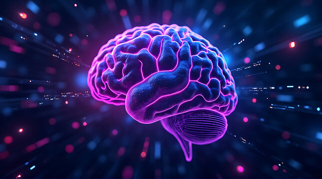 AI brain network glowing with neon purple and cyan lights, abstract cyberpunk tech background, ultra photorealistic
