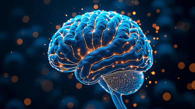 Artificial intelligence brain formed by glowing fiber optic cables, blue and gold color scheme, sci-fi abstract design