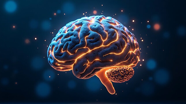 Artificial intelligence brain formed by glowing fiber optic cables, blue and gold color scheme, sci-fi abstract design