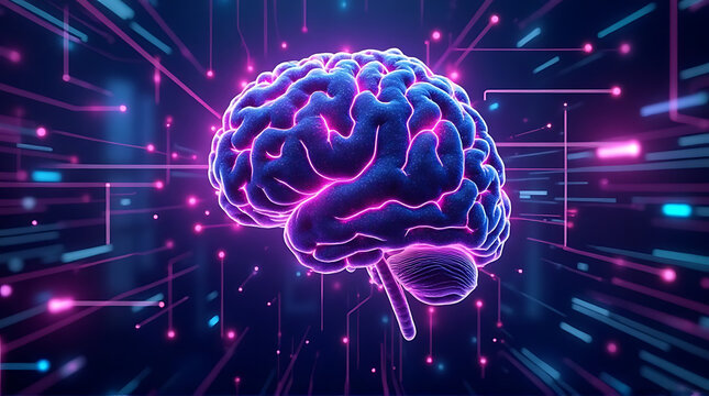 AI brain network glowing with neon purple and cyan lights, abstract cyberpunk tech background, ultra photorealistic