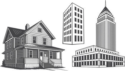 Architectural illustration featuring vintage house, modern skyscraper, and classic tower; ideal for real estate, urban planning, and design concepts.