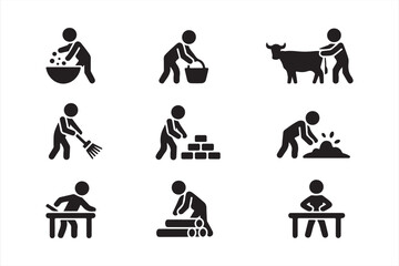 Farming labor icon set including worker silhouettes with animals, buckets, and field tasks