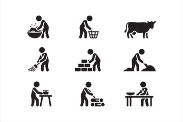 Agriculture worker icons featuring rural tasks like planting, feeding, and wood cutting designs