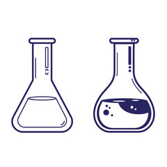 Two detailed flasks with liquids for science chemistry experiments and laboratory research