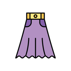 A purple skirt with a yellow waistband and belt is shown It has black outlines and an abstract design