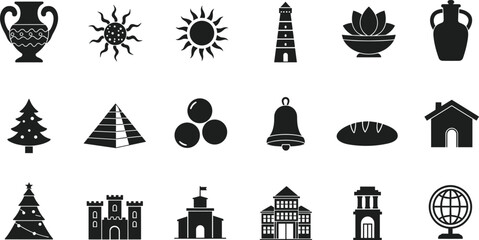 Naklejka premium Art & IllustrationBlack and white icon set, simple line art, symbols of nature, architecture, food, culture, global, religious, seasonal, modern, traditional, design elements