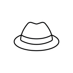 A simple line drawing of a fedorastyle hat with a curved brim and a ribbon detail