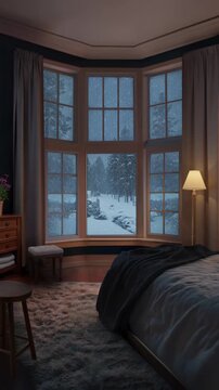 bedroom with a window and a beautiful snowy forest view, endless looped background animation for social media, vertical format 9:16 for smartphones