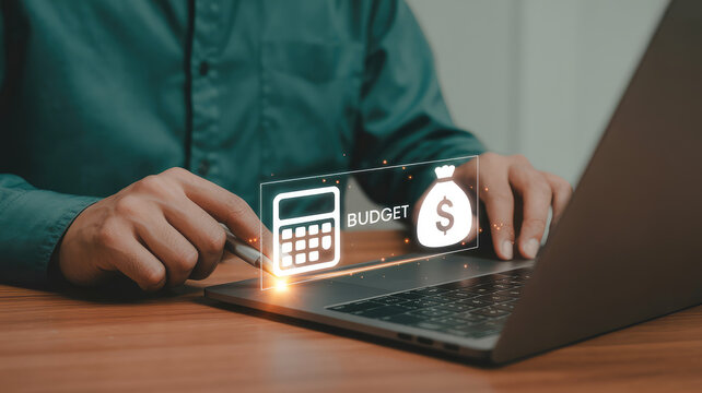 Business professional managing finances and budget planning with digital calculator and money bag icons on laptop - Powered by Adobe