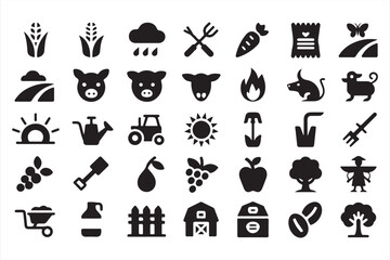 Black silhouette farming icons pack featuring tractor, barn, crop harvest, and countryside animals