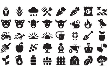 Vector collection of farm and eco agriculture icons including tools, animals, and rural landscape
