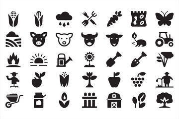Farming and agriculture icon set with tractor, barn, livestock, crops, and farmer silhouette symbols