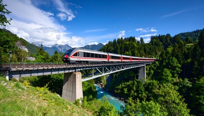 Fototapeta premium Train Crossing Steel Bridge over Turquoise River in Scenic Mountain Landscape