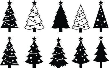 Christmas tree silhouette set, black and white vector icons, holiday design elements, festive pine trees, winter illustration collection