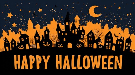 A spooky Halloween-themed illustration featuring haunted houses, pumpkins, and a night sky filled with stars and a crescent moon.