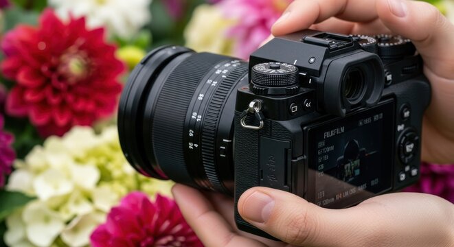 Hands holding a camera with a lens, focused on flower background