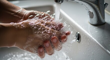 Fototapeta premium Hands washing under running water, bubbles