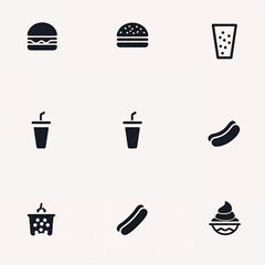 Black and White Icons of Fast Food Delights Burgers, Drinks, and More