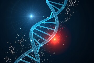 Digital DNA Visualization Glowing Blue Double Helix with Red Core and Molecular Data Network on Dark Background