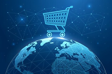 Global E-Commerce Icon Shopping Cart Hovering Over Earth with Digital Network Nodes on Blue Background