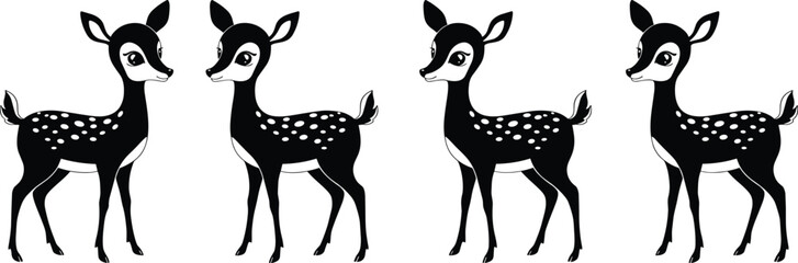 Cute cartoon fawn, black and white deer illustration, spotted baby deer, animal vector art, forest wildlife, woodland creature, children's design, nature theme, simple style, digital drawing