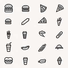Outline Icons of Fast Food Items Burgers, Pizza, Hot Dogs, and More