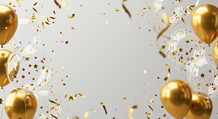 Golden and clear celebratory balloons with star confetti and floating streamers, framing a central light gray background