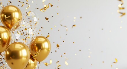 Golden and clear celebratory balloons with star confetti and floating streamers, framing a central light gray background