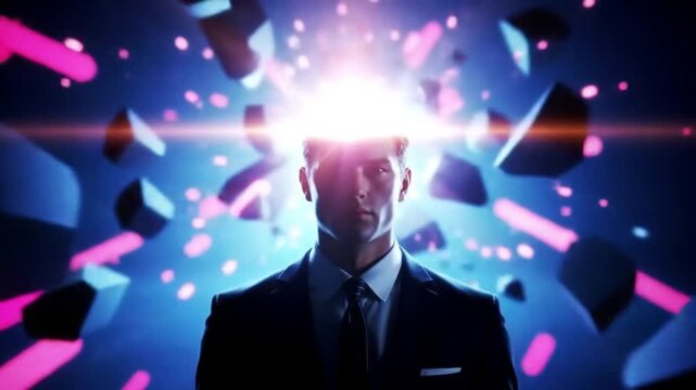 Conceptual digital artwork of man's mind exploding with innovation and ideas