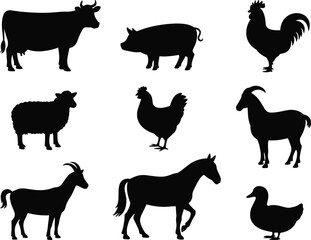 Farm Animal Silhouettes Vector Set, Black and White Illustration for Agriculture, Rural Life, Logo Design, and Educational Materials