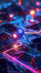 Neon-lit map with glowing route & markers