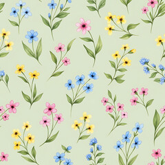 Watercolor floral and leaf pattern of hand-painted wildflowers and sprawling leaves,created for wallpaper and fabric, illuminated with diffused