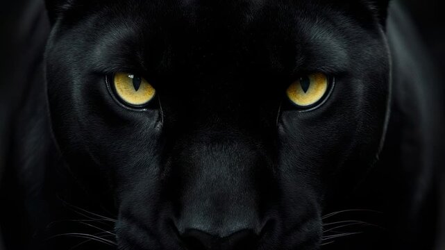 Close-up Portrait of a Black Panther's face in dark setting with focused, intense yellow eyes
